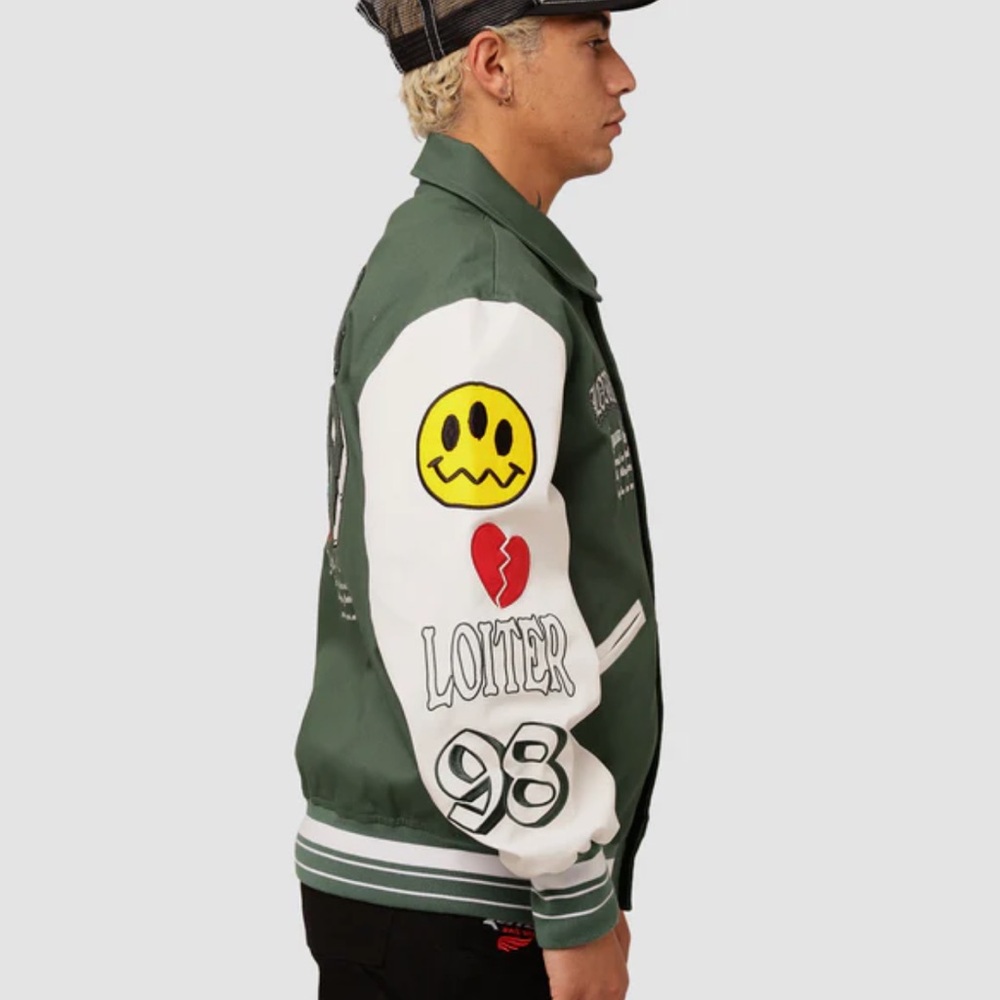 LOITER Flaws And Sins Varsity Logo Jacket size Medium Green Off White $229 - Picture 4 of 16